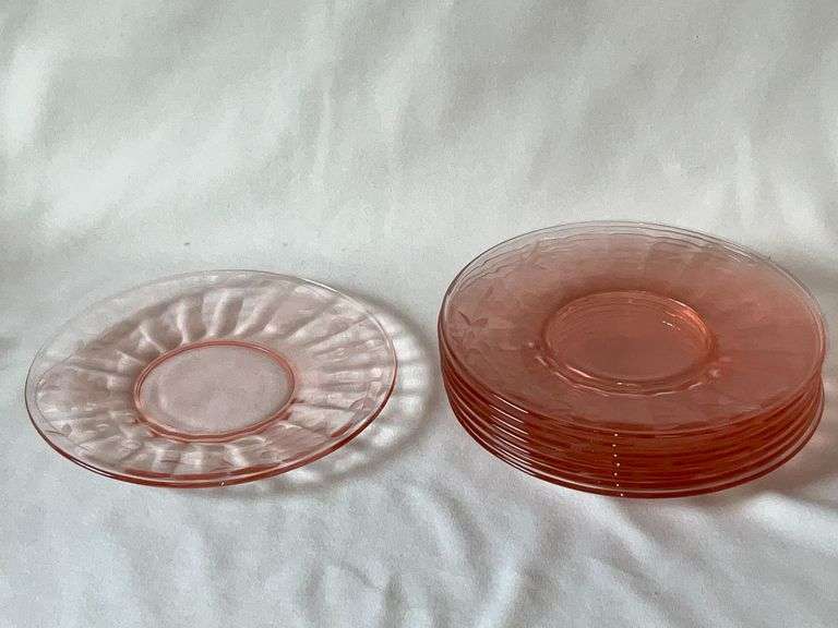 Set of 8 Pink Depression Glass etched dessert plates image