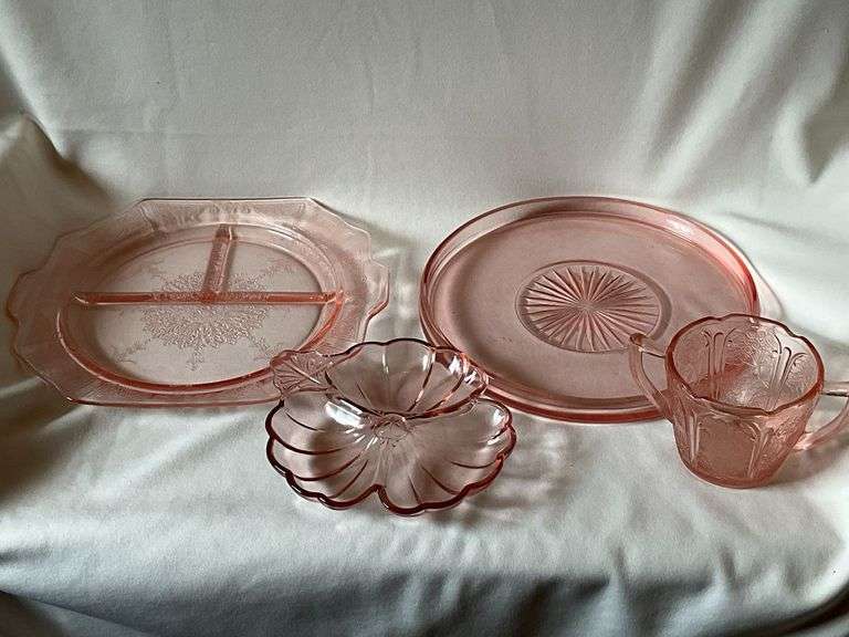 Pink Depression Glass divided plate, creamer image