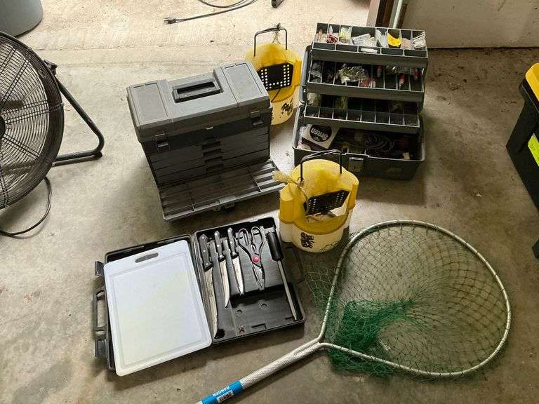 Pair of Plano tackle boxes, minnow buckets, fishing tackle, filet set, dip net, etc. image