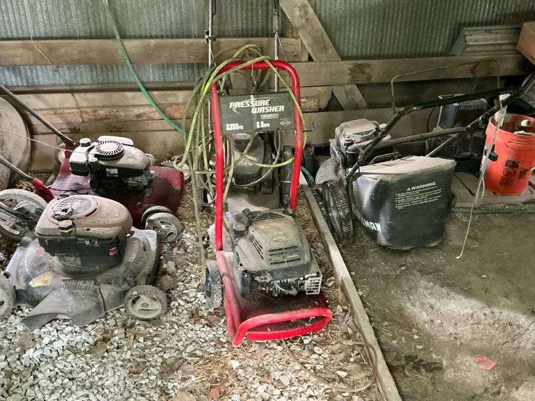 4 lawn mowers and pressure washer, Craftsman, Generac, Murray, Yard Machines image