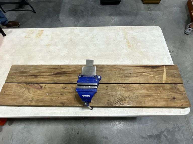 Oaykay 4" bench vise with swivel base mounted on boards image