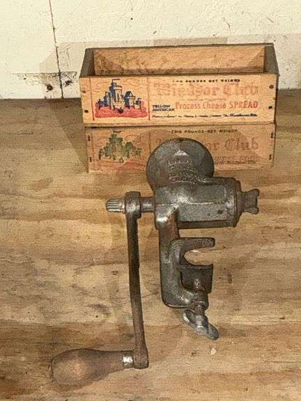 Hibbard grinder, 2 wooden cheese boxes. image