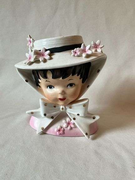 Relpo lady head vase, pink flower, ribbon with gold dots image