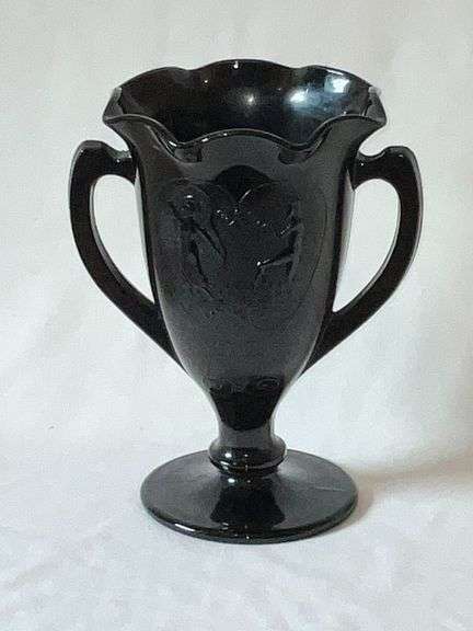 Amethyst glass 2-handled urn with Grecian design on front image