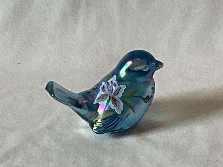 Fenton Opalescent hand painted bird, iris pattern, artist signed image