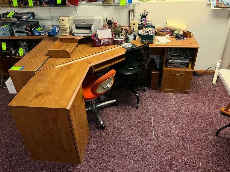 Computer desk, 2 office chairs, office supplies, etc. image