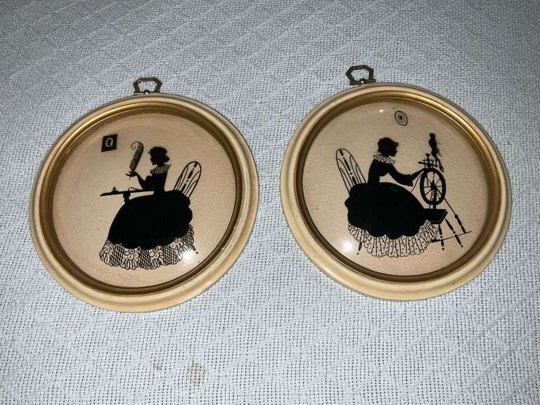 Pair of round reverse painting on bubble glass, wood frames image