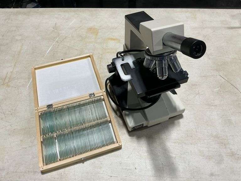 Cynmar microscope with AmScope slides in wooden box image