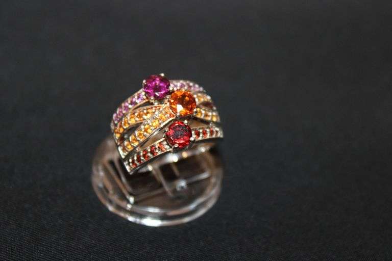 Sterling Silver 4 banded ring with colored stones decorating each band image