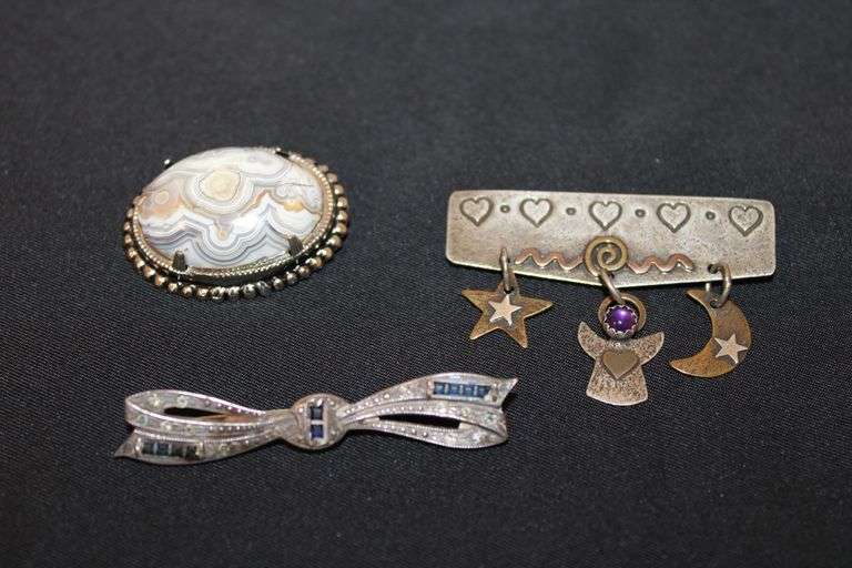 2 Sterling Silver Pins, one with hanging charms, one bow style with stones, 2 1/8" L image