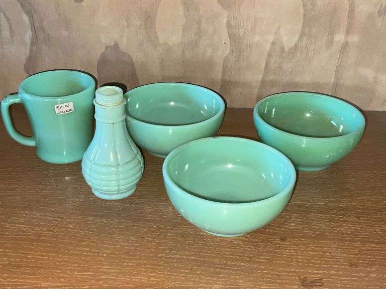 Fire King jadeite coffee mug, 3 cereal bowls image