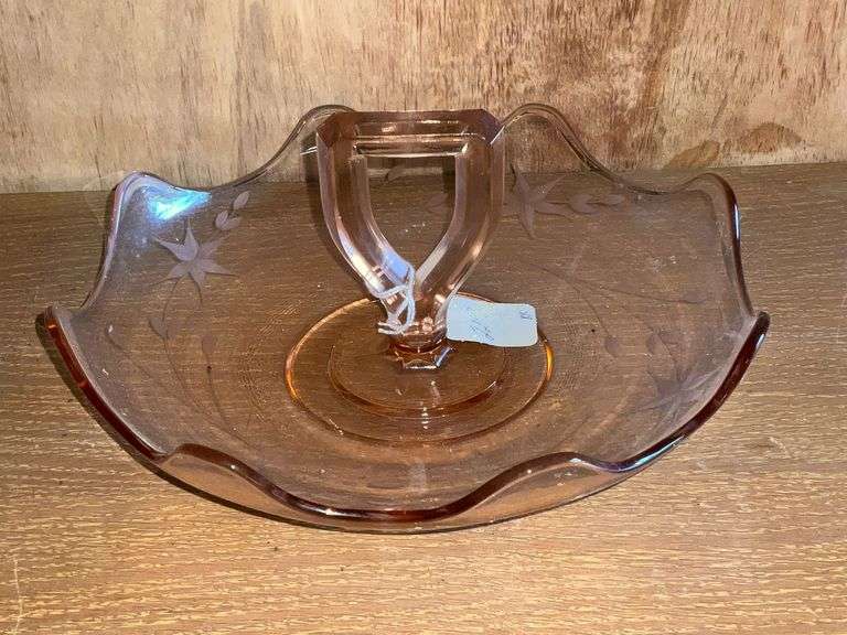 Pink Depression Glass etched handled bowl image