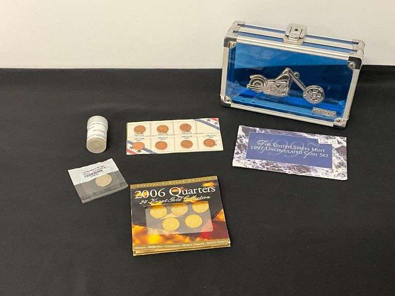 1997 U.S. Mint coin set, 2006 24K gold-plated quarter set, pennies, 2014 President Dollar mint set in plastic canister image
