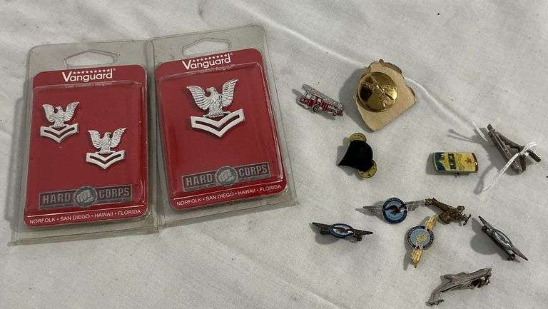 Pratt & Whitney attendance award pins, fire truck pin, semi tie clip image