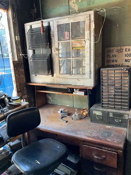 Wooden desk, parts bin, wall cabinet 42" W x 14" D x 34" T image