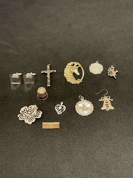 Gorham Sterling unicorn charm, sterling thimble, sterling charms, sterling earrings, cuff links, etc. image