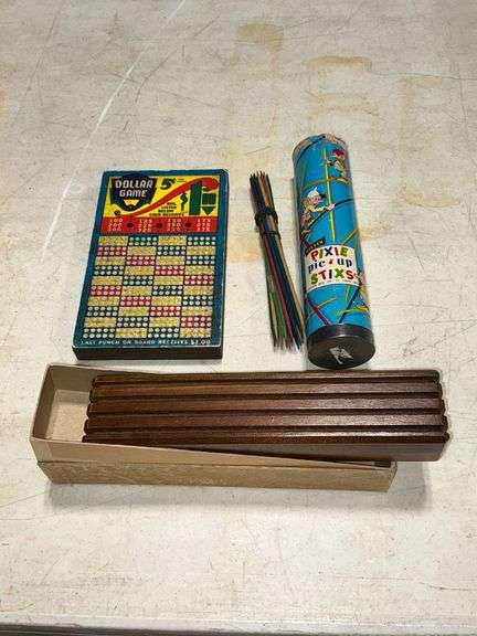 Dollar Game, playing card holder, Steven Pixie pic-up stixs in original canister image