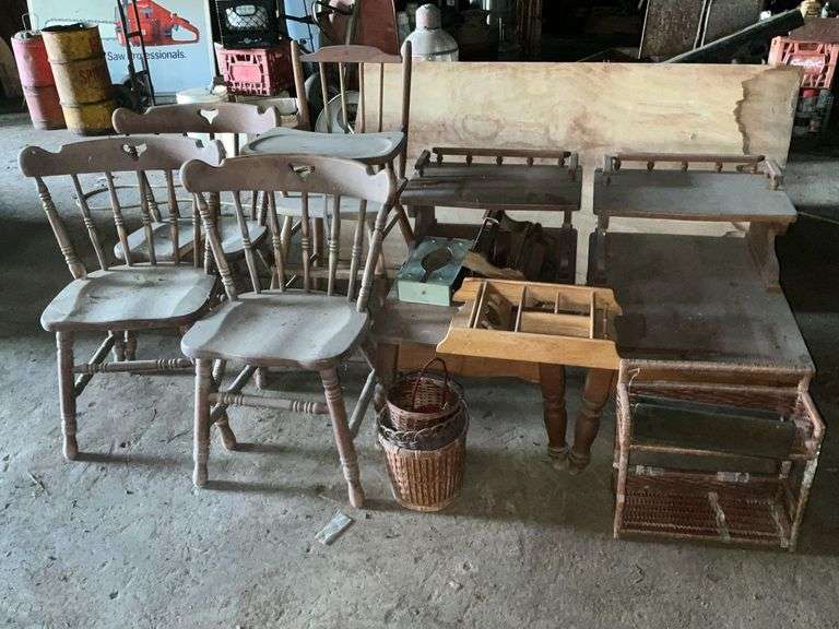 Pair of end tables, decorative shelves, baskets image