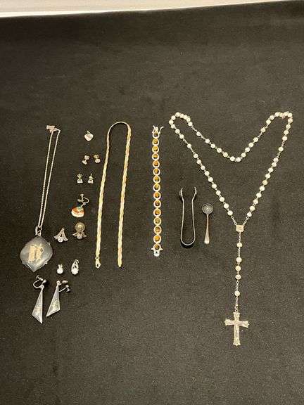 Sterling pendant and earrings, no mark found on chain. Rosary (both cross and transition pieces marked sterling) image