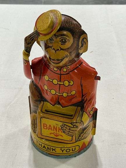 J. Chein & Co. tin monkey bank, missing an arm image