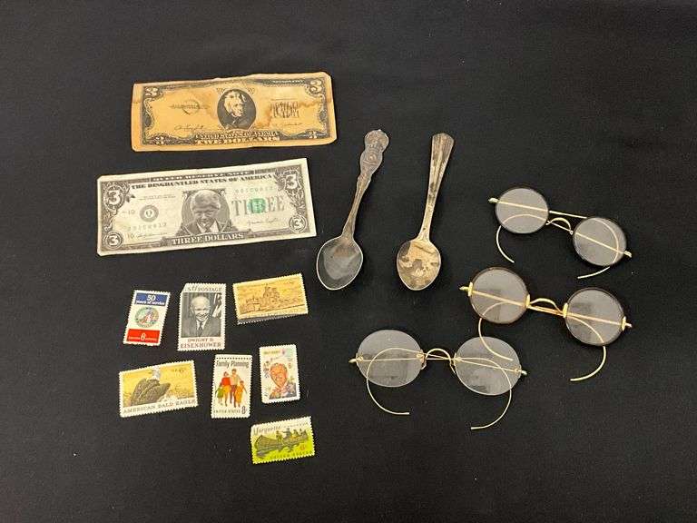 3 pairs of vintage eyeglasses, Texas souvenir spoon, Monroe Silver Co. spoon image