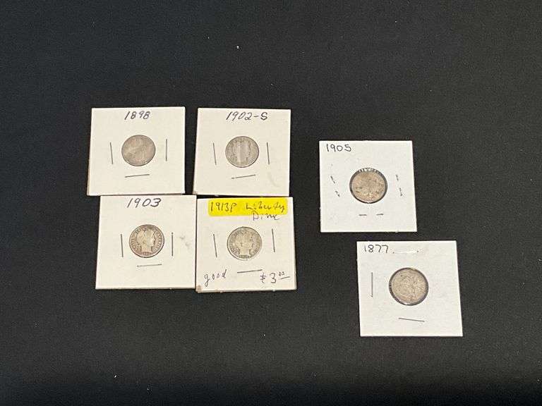 4 Barber silver dimes 1898, 1902-S, 1903, 1913 image