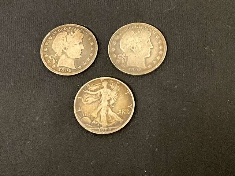 1895 and 1892 Barber half dollars, 1929 Walking Liberty half dollar image