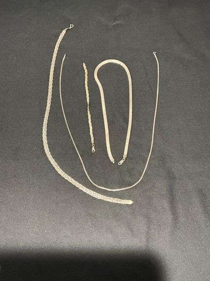 18" braided 925 chain with damage, 925 Italy 24" herringbone chain, 925 Italy 18" herringbone chain, 925 Italy 3-strand 7" bracelet image