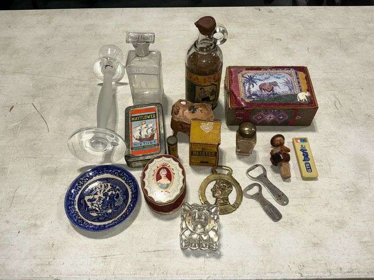 Vintage bottle openers, King George VI, Buffalo pottery dish, Orrefors Sweden candlestick, etc. image
