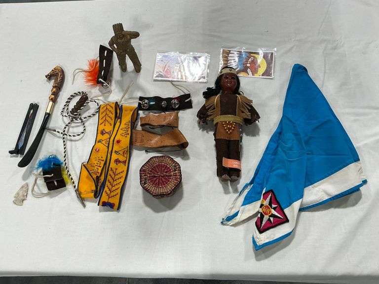 Lakota Dolls Indian doll, cast Chief bank, folding fan, etc. image
