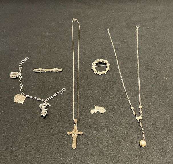 925 charm bracelet 6" L (charms are not marked, but the connectors are marked 925), 925 17" chain with pearl? Dangle image