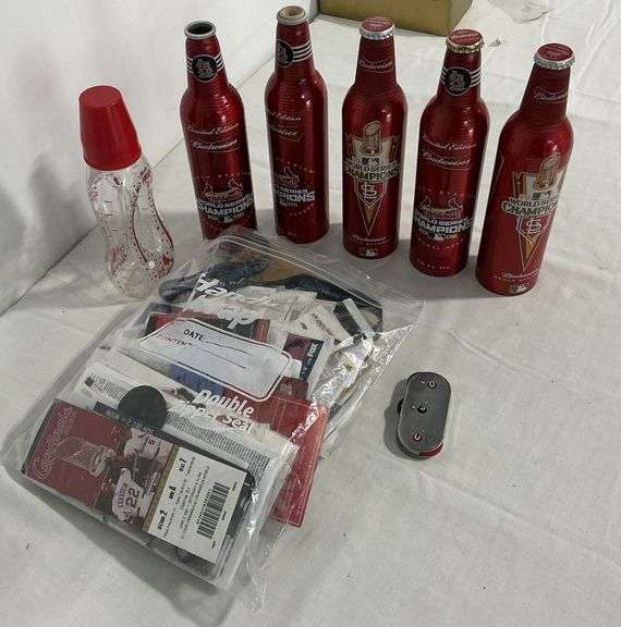 Budweiser St. Louis Cardinals 2006 and 2011 aluminum bottles, McGwire baby bottle, pitch counter image
