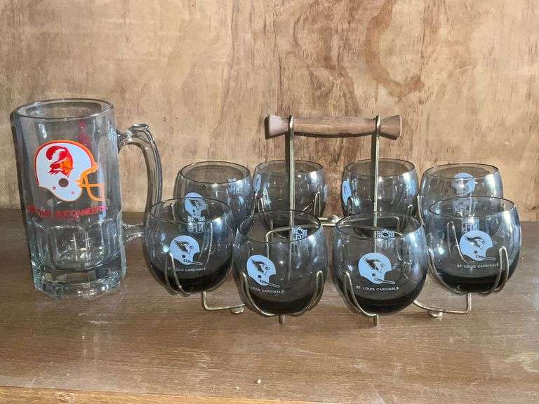 Set of 8 St. Louis Cardinals football glasses in metal holder image