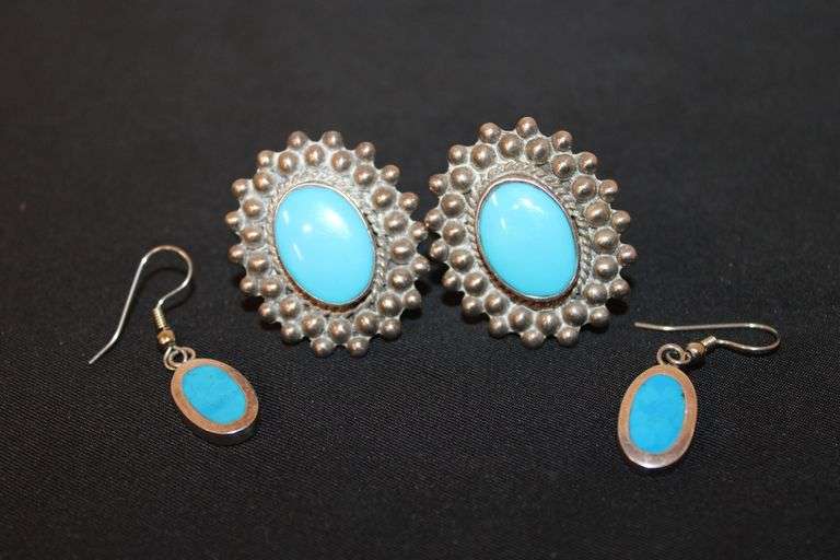 Sterling Silver clip-on earrings with turquoise stones, marked Mexico. image