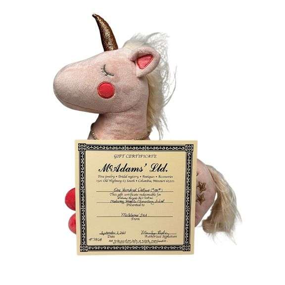 McAdams $100 Gift Certificate & a pink unicorn image