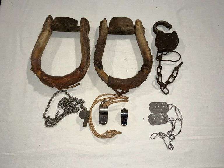 Vintage padlock, Boy Scout whistle, Acme Thunderer whistle, dog tags image