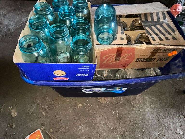 Assorted jars, some blue Ball jars image