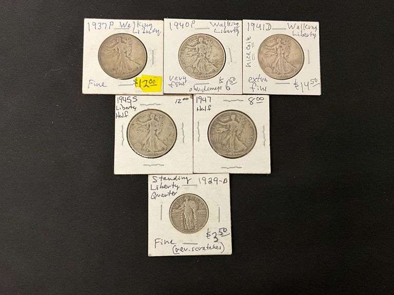5 Walking Liberty silver half dollars, 1937, 1940, 1941-D, 1945-S, 1947 image