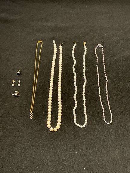 10K gold 16" chain (no mark on pendant), 10K gold earrings with stones. Shriner pin with 14K gold top. image