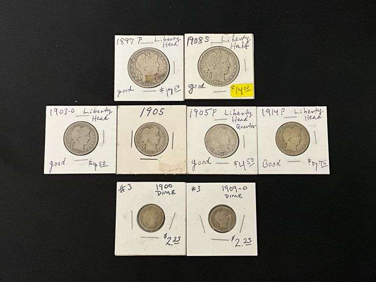 1897 and 1908-S Barber silver half dollars.  1903-O, (2) 1905 and 1914 Barber silver quarters image