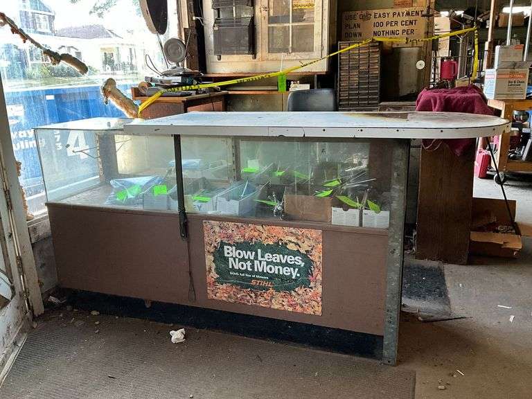 Display cabinet with broken glass top, 70" W x 39" T x 20" D image