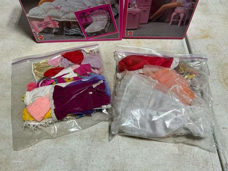 Barbie vanity, nightstand and bed, clothes image