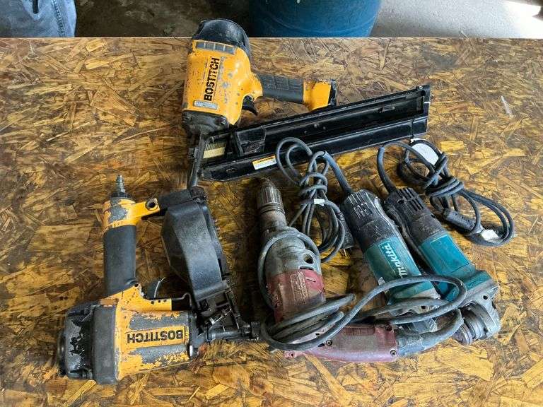 Bostitch coil nailer, Makita angle grinders, Milwaukee hammer drill image