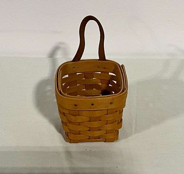 1996 mini Longaberger basket with leather handle and wall hanger image