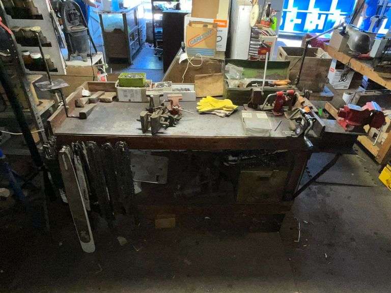 Chainsaw sharpening center, bench 75" W x 25" D x 39" T, plate steel top image