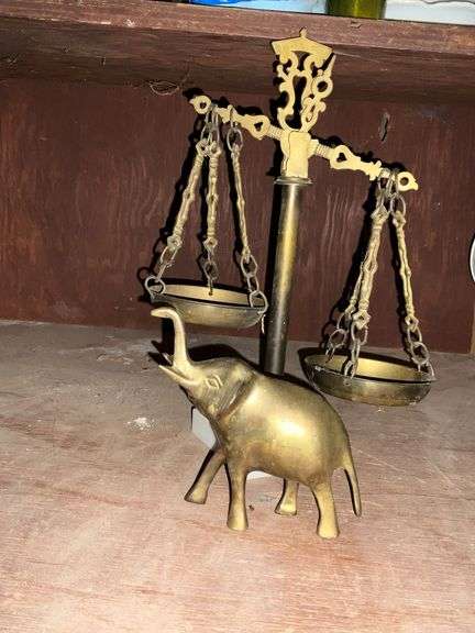 Brass scale and brass elephant, 5" T image