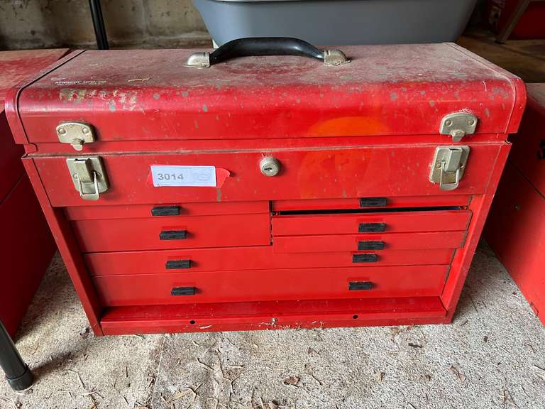 Toolbox with content to include screw extractors, drill chucks, mini