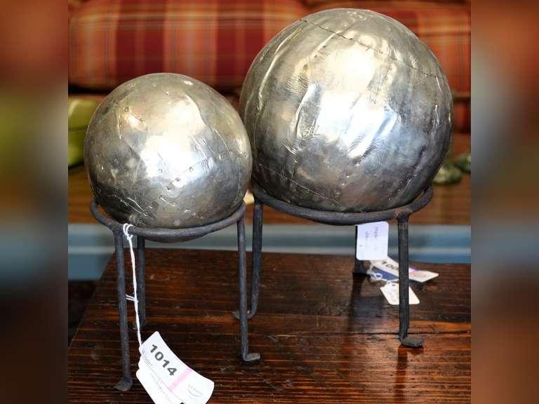 TWO METAL ORBS ON STANDS 8" D X 11 1/2" H AND 5 1/2 " D X 9 1/2" H