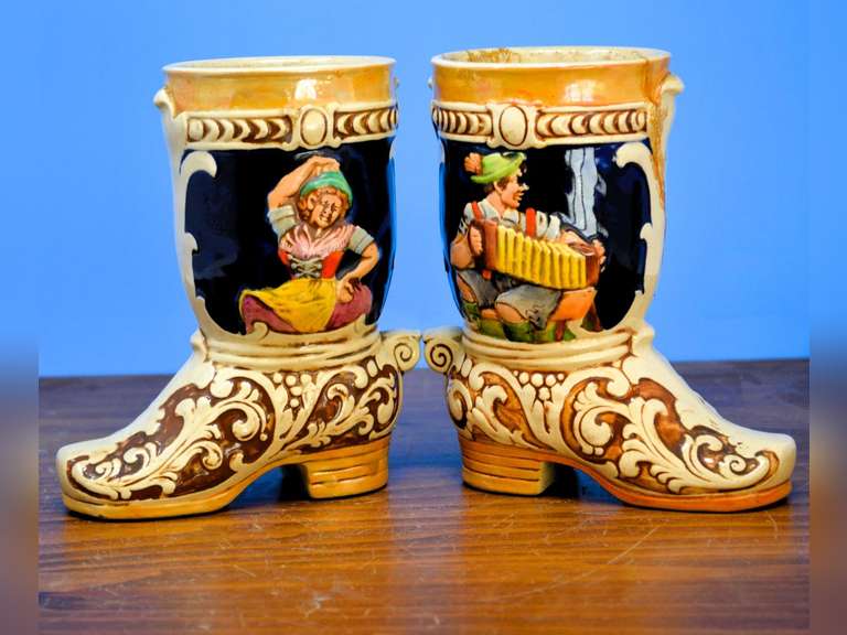 (2) VINTAGE GERMAN BEER STEINS - BOOT SHAPED 6" H (MADE IN GERMANY)
