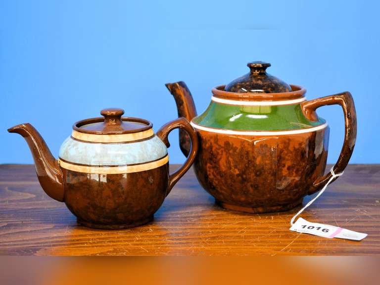 TWO TEAPOTS - BROWN/GREEN 6" D X 5 1/2" H X 8" W & BLUE/BROWN 4" D X 4" H X 7" W